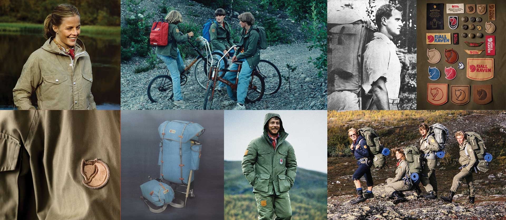 Collection of old Fjallraven products in various uses