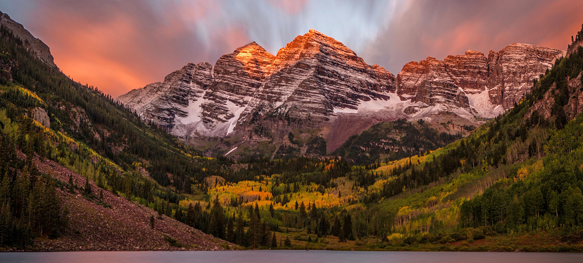 Early fall sunset in Maroon Bells valley.